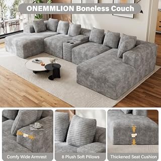143" Oversized U Shaped Cloud Sectional Couches for Living Room, Comfy Fluffy Corduroy Grey Boneless Couch, Large Modular Sectional Sofa Set with Chaise, Cup Holder, USB Port, Storage Console