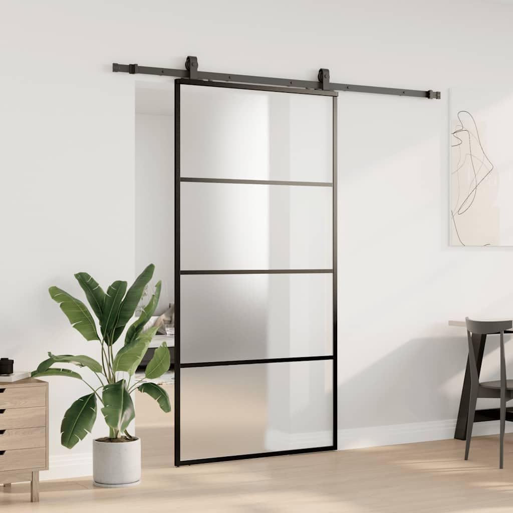 Porta scorrevole con guarnizioni nere, vetro ESG satinato, 102,5 x 205 cm, porta interna con telaio in alluminio, salvaspazio, per camera da letto, cucina, corridoio, robusta e scorrevole