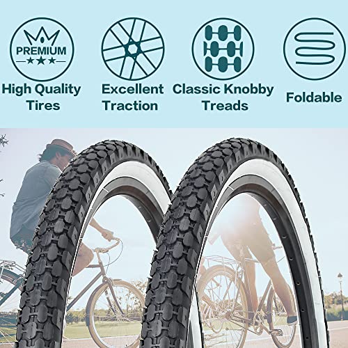 26" Bike Tire 26 X 2.125 Inch Folding Replacement Bike Tire For Beach Cruiser Bike (White Sidewall 2 Tires 2 Tubes 2 Tire Levers) #TOP2