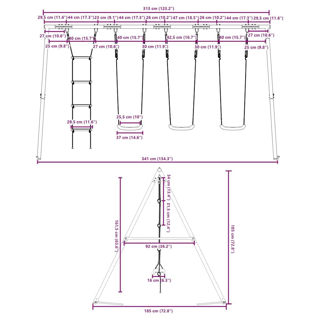Schaukel-Set mit DREI Schaukelsitzen und Strickleiter, lackiertes Stahlgestell, 341x185x185 cm, Gartenspielzeug für Kinder 3-10 Jahre, Outdoor Spielplatz, fördert Bewegung und Motorik