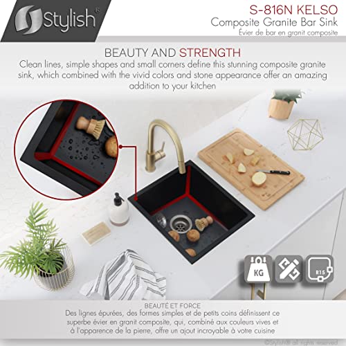 Image of Stylish 15.5 x 17.5 Inch Composite Granite Kitchen or Bar Sink, Single Bowl Under Mount & Drop in, 8.5 in Deep, Rear-Center Drain, with Strainer, Black, S-816N