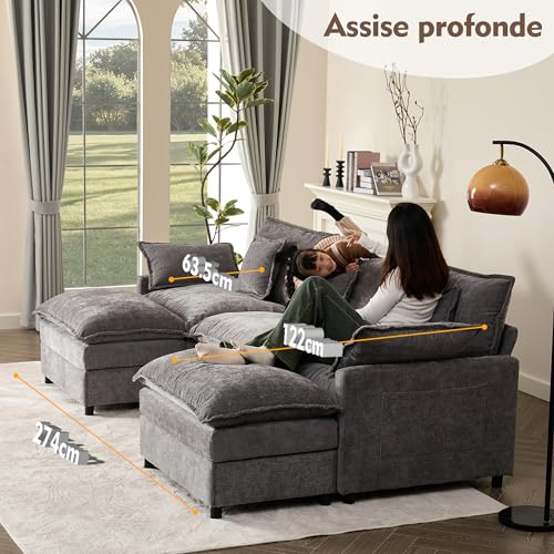 Litbird U-förmiges modulares Sofa 3-Sitzer Ecksofa mit Hocker, tiefes Sitzdesign, Cloud Couch für Wohnzimmer(Grau) – Bild 5