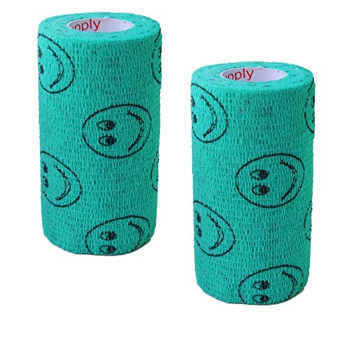 Image of Vet Wrap Wrap Tape (Teal with Smiles) (2 Pack) (4 Inch x 15 feet) Self Adhesive Adherent Adhering Cohesive Flex Self Stick Bandage Grip Roll Dog Cat Pet Horse