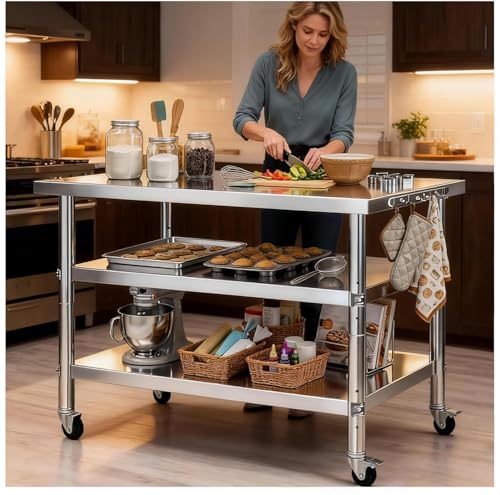 Image of Stainless Steel Table with Wheels for Food Preparation and Work, Multi-Size Optional, Three-Layer Variable Two-Layer Metal Commercial Workbench Outdoor, Restaurant, Kitchen (51 inch Lx24 Wx34 H)