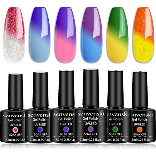 Senvenski Color Changing Gel Nail Polish Pink White Blue Purple Green Orange Glitter Gift Set Mood Chameleon Soak Off UV LED Thermal Temperature Art Manicure Kit Varnish (WB6-007)