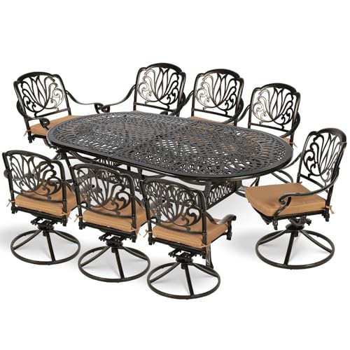 MEETWARM 9-Piece Outdoor Patio Dining Set, All-Weather Cast Aluminum Patio Conversation Set for Backyard Garden Deck with 8 Cushioned Swivel Rocker Chairs, 1 Oval Table, 2' Umbrella Hole