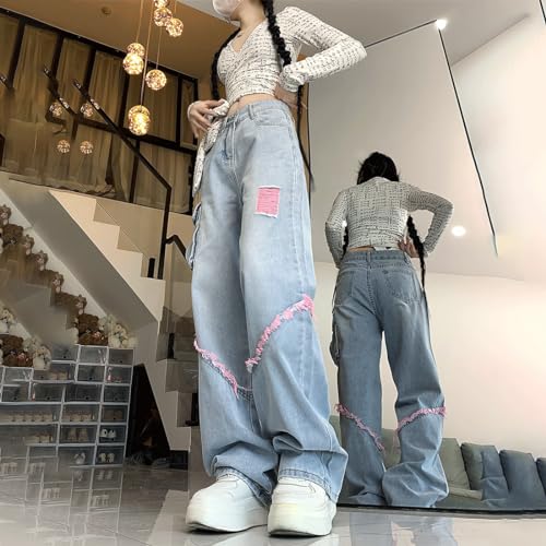 Grunge Y2K Goth Vintage Casual High Rise Loose Straight Wide Leg Pink Ripped Frayed Raw Trim Cargo Jean Pants4