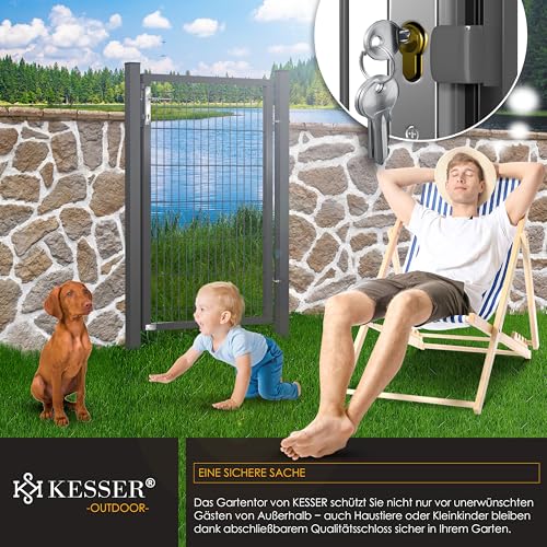 KESSER® Gartentor Premium Gartentür aus Metall verzinktem Stahl, Gartentür für Stabmattenzau Zauntor, Hoftor, inkl. Pfosten mit Schloss Türklinke und Schlüssel, 140 x 106cm Anthrazit