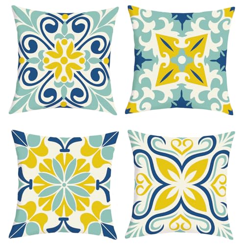 Joymaison Boho Mandala Flower Cushion Covers 45 x 45 Pack of 4 Vintage Mediterranean Moroccan Geometric Floral Square Throw Pillow Case Decorative Sofa Cushion with Invisible Zipper