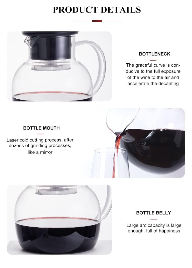Decantador de vino, jarra de vino tinto, aireador de vino, vidrio de borosilicato 100% soplado a mano con cuentas de limpieza, decantadores y jarras de vino, regalo de vino con accesorios para vino