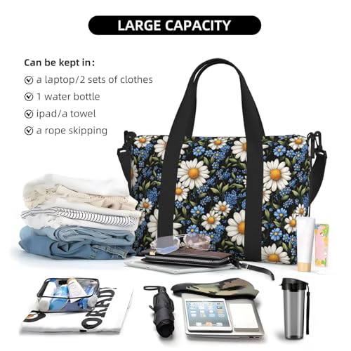 Blue and White Daisies Print Travel Duffle Bags for Women, Personal Item Overnight Weekender Sport Carry On Gym Bag for Men Women4