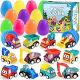 Prefilled Easter Eggs with Pull-Back Engineering Car Toys, 12 Pcs Colorful Surprise Eggs with Construction Truck Gifts for kids, Easter Egg Hunt Supplies, Basket Stuffers, Classroom Prizes Supplies