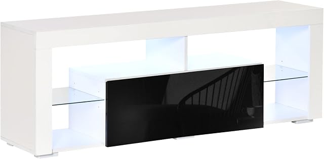 HOMCOM 140cm TV Stand Cabinet High Gloss Media TV Stand Unit with LED RGB Light and Storage Shelf for 55 inch TV for Living Room Bedroom Black and White