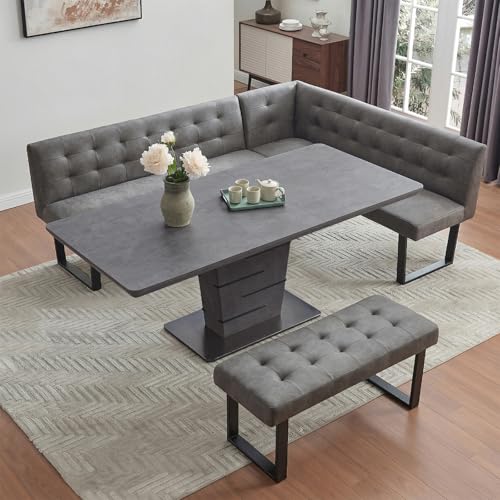 JIEXI Eckbank-Set mit Esstisch, Grau, Gepolsterte Tufting-Bänke, L-Form, 228 x 178 cm, Sitzhöhe 48 cm，Ausziehbarer 120-160cm (Nach Links abbiegen, Esstisch 120–160 cm)
