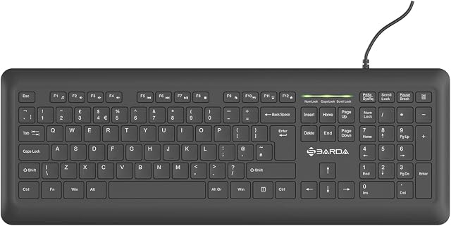 Wired Keyboard, SBARDA Computer Keyboard with Numeric Keypad, 107 Keys Low Profile Keycaps, Ergonomic 16 Multi-media Keys, USB Keyboard, for Laptop/Desktop PC/Notebook, QWERTY UK Layout