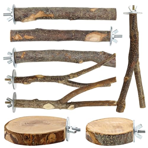 CZWESTC 8 PCS Natural Bird Perch Set - Apple Wood Platforms & Hardwood Branches for Parakeets, Cockatiels, Lovebirds - Natural Cage Accessories, Gym Playstand & Chewing Toys for Small Birds