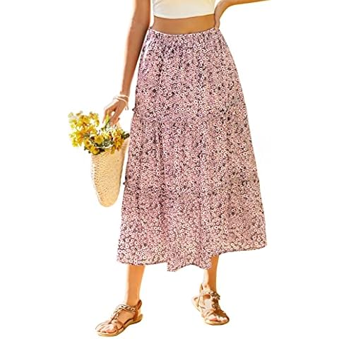 Yuson Girl Falda Larga Mujer Falda Midi de Gasa con Estampado Floral para Mujer Casual Elegante Faldas Verano Swing A-Line Falda Maxi Bohemia Cintura Elástica Cover