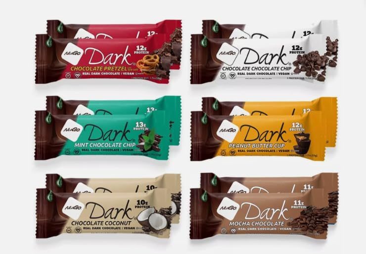 Variety Pack Dark Protein Bars – "Made for NuGo Nutrition" – 12 Count. Flavors include Pretzel, Mint, Chocolate Chip, Mocha, Peanut Butter, Coconut, or Almond. Kosher Pareve, Dairy-Free, Vegan, and Gluten-Free. Packaging by The Kitchen Queen, High Protein Bars 12 Ct.
