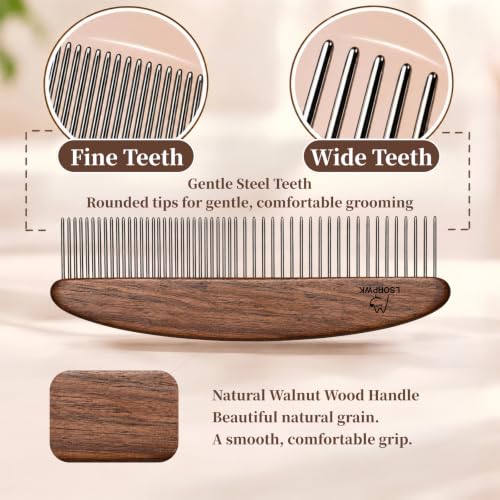 Dog & Cat Grooming Comb, Walnut Wood Handle for Matted Hair & Tangles - Image 3
