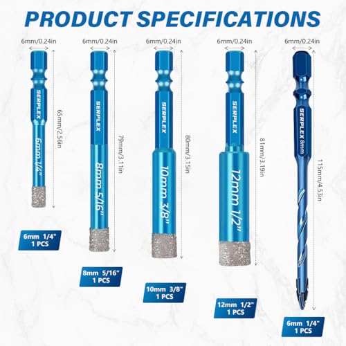 Image of Serplex 5Pcs Diamond Drill Bit 6-12mm Diamond-Coated Core Bits with 8mm Twist Drill, 1 /4 Inch Hex Shank, 5 /16 inch 1 /4 inch 3 /8 inch 1 /2 inch Dry Tile Drill Bit Set for Porcelain Tile Ceramic Stone Granite Marble