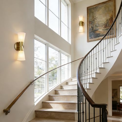 Image of Bathroom Wall Sconce, Modern Indoor Vanity Light Fixtures, Up Down Lighting, Wall Mount Lamp for Living Room Bedroom Hallway Stairway Fireplace Mirror E26 Base (White & Gold - 1pack, 13inch)