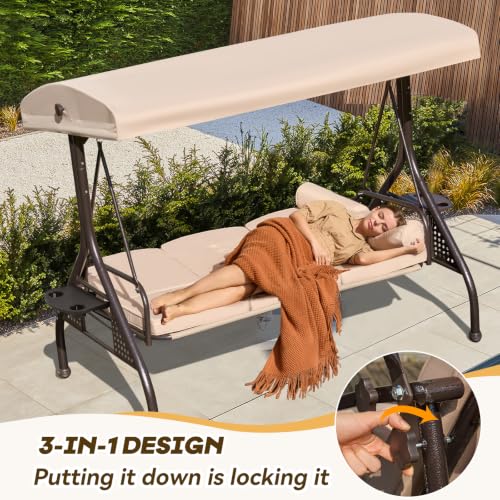 Image of 3 in 1 Outdoor Porch Swing with Adjustable Canopy, 3 Seat Outdoor Swing for Adults, Patio Swing Chair with Thickened Cushions,Pillows & Cup Holders for Backyard, Porch, Garden (Khaki)