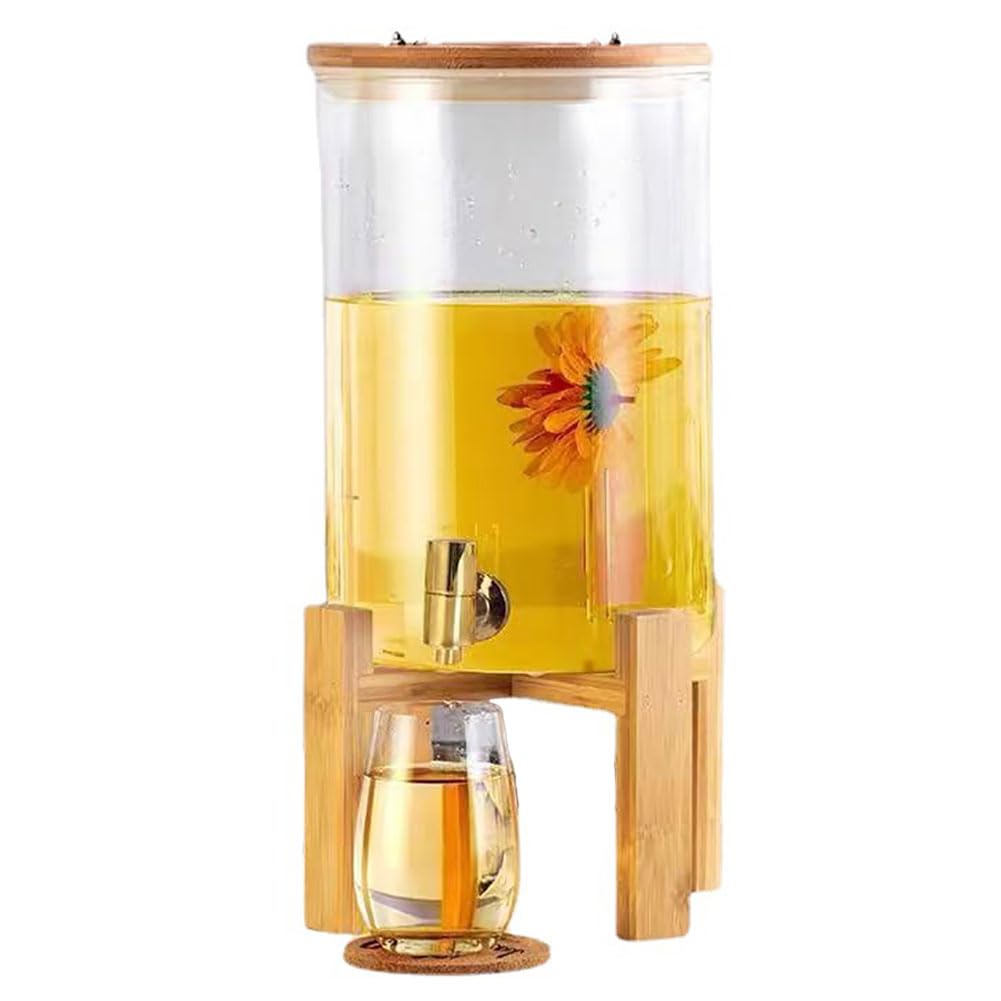 ASerZenith Glass Drinks Dispenser With Tap, Juice Bottle, Glass Barrel Drinks Dispenser, Barrel Beverage Dispenser With Wooden Stand, Glass Drink Dispenser, Ice Water For Parties(11L)