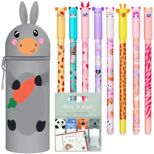 2 in 1 Weiche Federmäppchen - 8 Radierbaren Gelstiften + Keep in Mind Seitenmarker, Farm Silikontasche mäppchen, Tiermot...