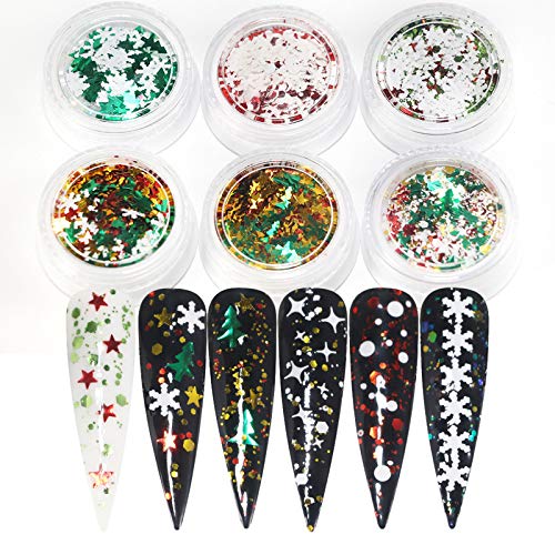 Snowflakes Nail Art Sequins 3D Holographic Christmas Chunky Nail Glitter Sparkle Confetti Nail Decoration Accessories Winter Xmas Nail Stickers Decals Beauty Nail Supplies for Women Kids(6 Boxes)