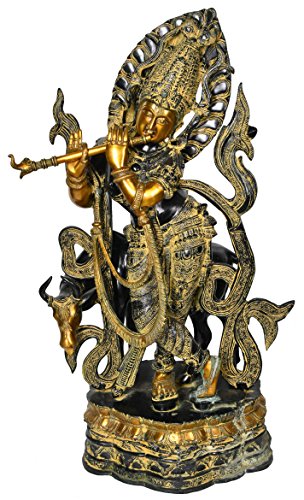 Aone India Brass Tribhangi Krishna with Cow Gold Black 35 Inch