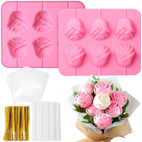 Mity rain 3D Rose Cake Pop Mold - 2-Pack Silicone Flower Chocolate Candy Lollipop Molds with 300pcs Bags and Sticks- Non-Stick Sucker Mold for DIY Gifts, Mother's Day, Birthdays, Baking Supplies