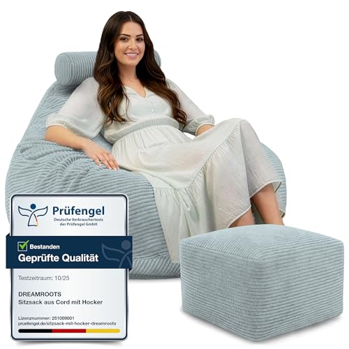 DreamRoots Sitzsack Erwachsene Cord oder Kinder - Bean Bag Sofa - Sitzsack Cord mit Hocker und Bezug - Sitzsäcke mit Füllung 90x90x100 cm Green Lily