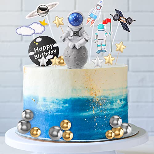 49 Pieces Space Cake Topper Astronaut Figurines Gold Silver Foam Pearl Balls Cake Topper Star Planet Rocket Cloud Cupcake Toppers For Baby Shower Outer Space Themed Birthday Party Cake Decorations #TOP5