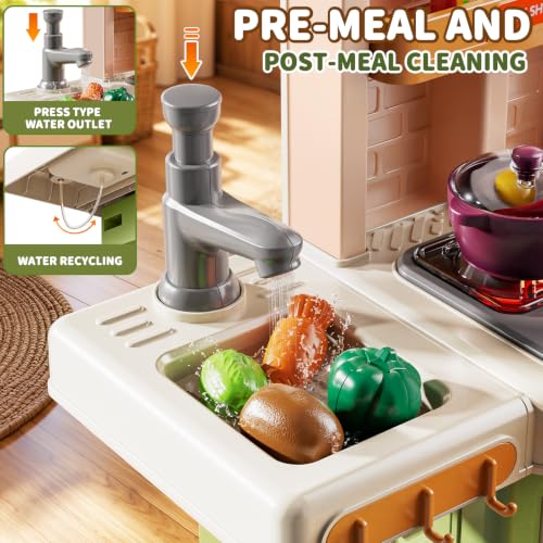 Image of Kids Kitchen Playset, 31.5 inch 73PCS Play Kitchen for Toddlers 1-3, with Steam, Sound & Light, Cooking Stove, Play Sink, Oven, Play Food and Toy Kitchen Accessories, Pretend Play Toys for Girls Gift