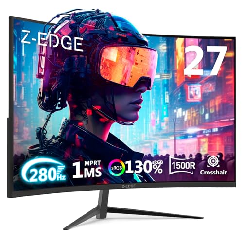 Z-Edge 27 inch Curved Gaming Monitor, FHD 1080P 280Hz Curved 1500R Computer Monitor, Ultra-Fast MPRT 1ms Monitor, 350nits, 16.7M Colors, 4000:1 Contrast, UG27P 2X DP 1.2 Ports and 2X HDMI 2.0 Ports