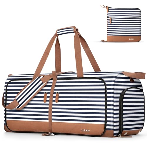 Image of Lekesky Foldable Travel Duffle Bag for Women, 60L Large Duffel Bag with Separate Shoes Compartments & Straps, Carry On Weekend Bag for Women, Hospital, Overnight (Blue Stripes)