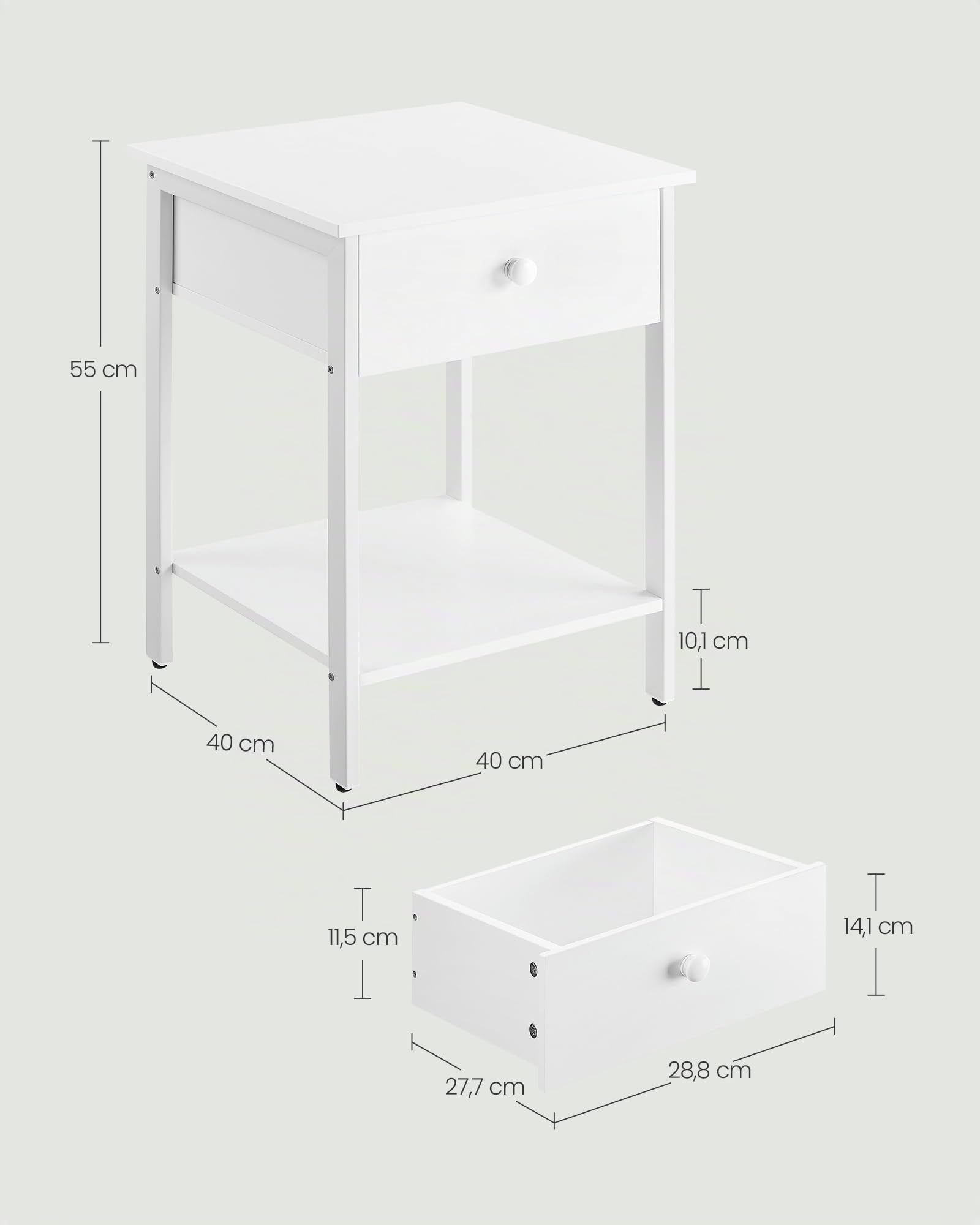 VASAGLE Set di 2 Tavolini, Comodini, con Cassetto e Ripiano, 40 x 40 x 55 cm, per Camera da Letto Soggiorno Salotto, Struttura in Metallo, Montaggio Facile, Bianco Opaco LET506W14