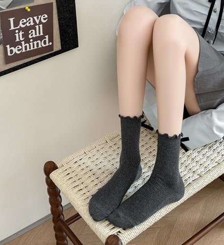 Image of Womens Bow Socks Ruffle Casual Crew Black Whitte Soft Breathable Cotton 4 Pairs Socks