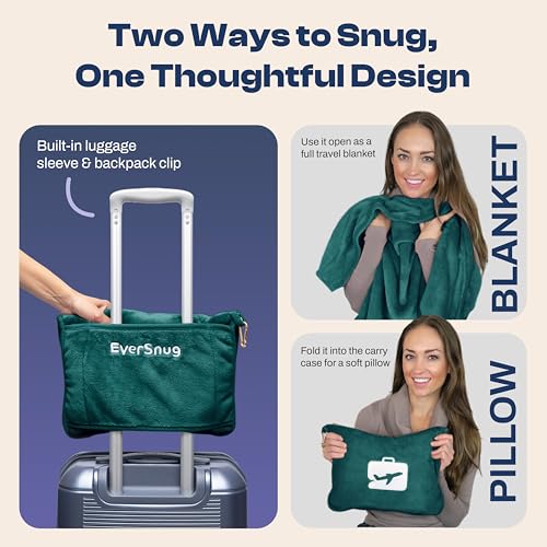 Image of EverSnug Travel Blanket and Pillow - Ultra-Soft, Compact & Lightweight, 65x40 Inches, with Carry Case, Luggage Sleeve & Backpack Clip for Airplane Comfort (Teal)