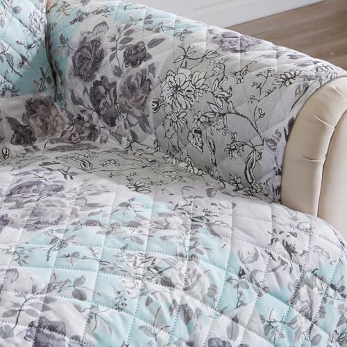 Image of Great Bay Home Reversible Floral Patchwork Chair Furniture Protector - Machine Washable, Scalloped Edge, Stain Resistant, Printed Furniture Cover for Dogs, Kids, and Pets (Gray /Aqua)