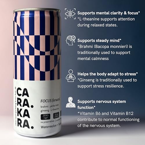 Image of Carakara Focus Forward | Yerba Mate Natural Caffeine + L-Theanine Drink | Focus, Energy & Mental Clarity | Zero Sugar | Watermelon + Yuzu Lemon | 250ml x 6