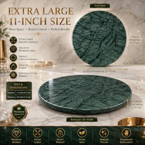 Image of 11 Inch Green Marble Chakla | Large Size Marble Roti Rolling Board | Premium Stone Chakla for Roti, Chapati, Phulka & Paratha Making | Smooth Finish Heavy Duty Dough Rolling Board for Home Kitchen