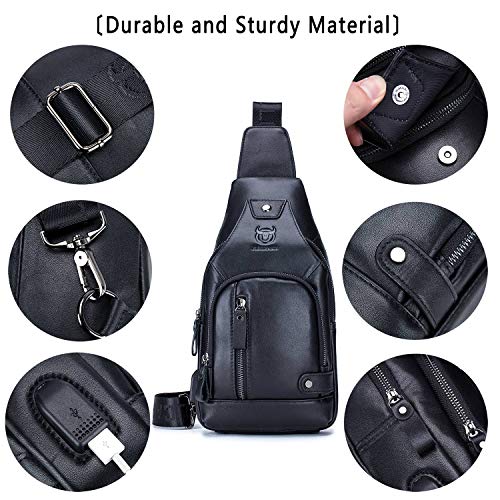 BULLCAPTAIN Leather Sling Bag Mens Chest Bag Casual Shoulder Crossbody Bags Travel Hiking Backpacks Daypack with USB Charging Port (Black)4