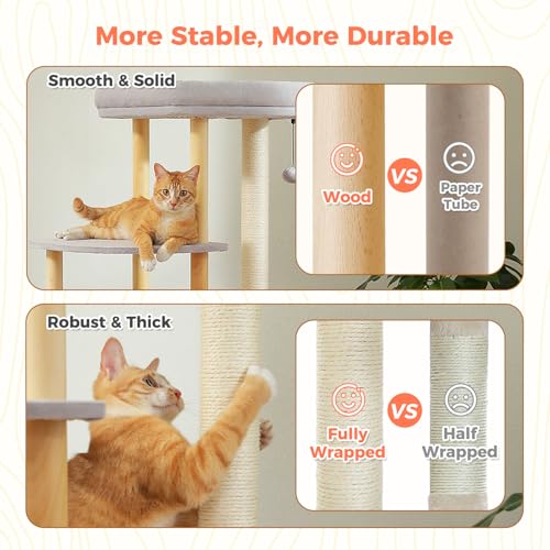 Image of 53 inch Modern Wooden Cat Tree for Large Cats with Solid Wood Posts
