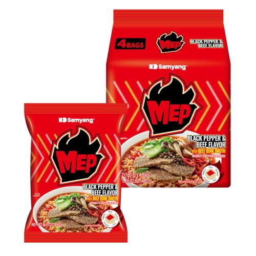 MEP Black Pepper Beef Bone Broth Korean Spicy Ramen Noodle Soup, 4-Pack