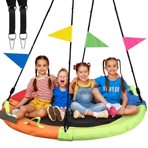 HeyZoo Tree Swing, 60 inch Larger Saucer Swing for Whole Family, 900lbs Weight Capacity, with Adjustable Hanging Straps, for Backyard Outdoor, Multicolor, Gifts for Kids