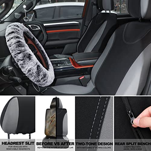 17 Pcs Car Seat Cover Full Set For Women Universal Fit Car Front Rear Seat Covers, Fluffy Steering Wheel Covers, Fleece Handbrake Shift Cover, Hanging Accessory Holder Ring Emblem Sticker (Ash Black) #TOP5