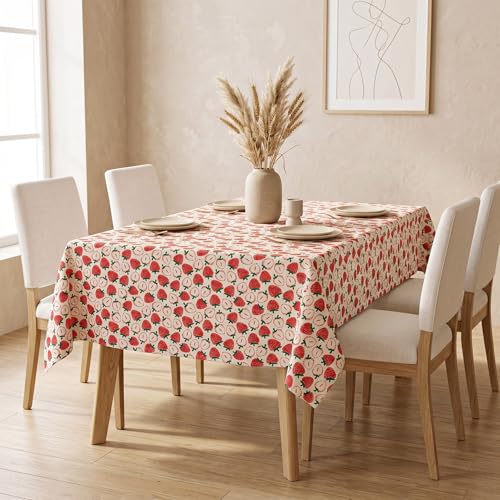 Image of R home Strawberry Print 56 x 90 Inch Table Cover for 6 Seater Dining Table | 100% Cotton Slub Fabric | Premium Digital Printed Rectangular Table Cloth | Soft, Durable, Washable & Reusable