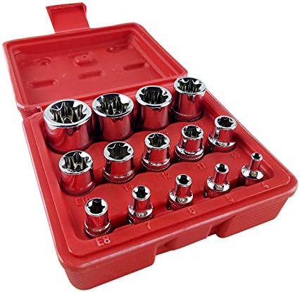 14 Piece Professional E Torx Socket Set with Internal Thread, Chrome Vanadium Steel Sockets | 1/4", 3/8", 1/2" Drive, Corrosion Protected, Black Phosphated, Heavy Duty