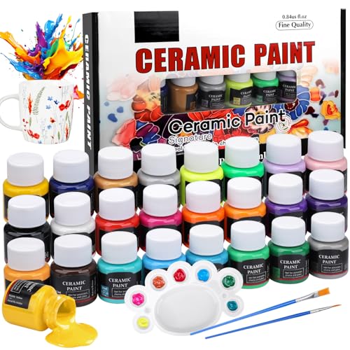 Porzellanfarbe Spülmaschinenfest 24 x 25 ml Porzellanfarbe Set Keramik Farbe with 2 Pinselstift & 1 Palette Glasfarbe Keramikfarbe Set für Künstler Anfänger Ideal zum Tassen Keramik Glas